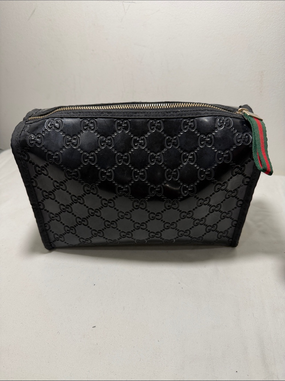 Gucci Parfums Black Patent Leather Monogram Cosmetic Bag